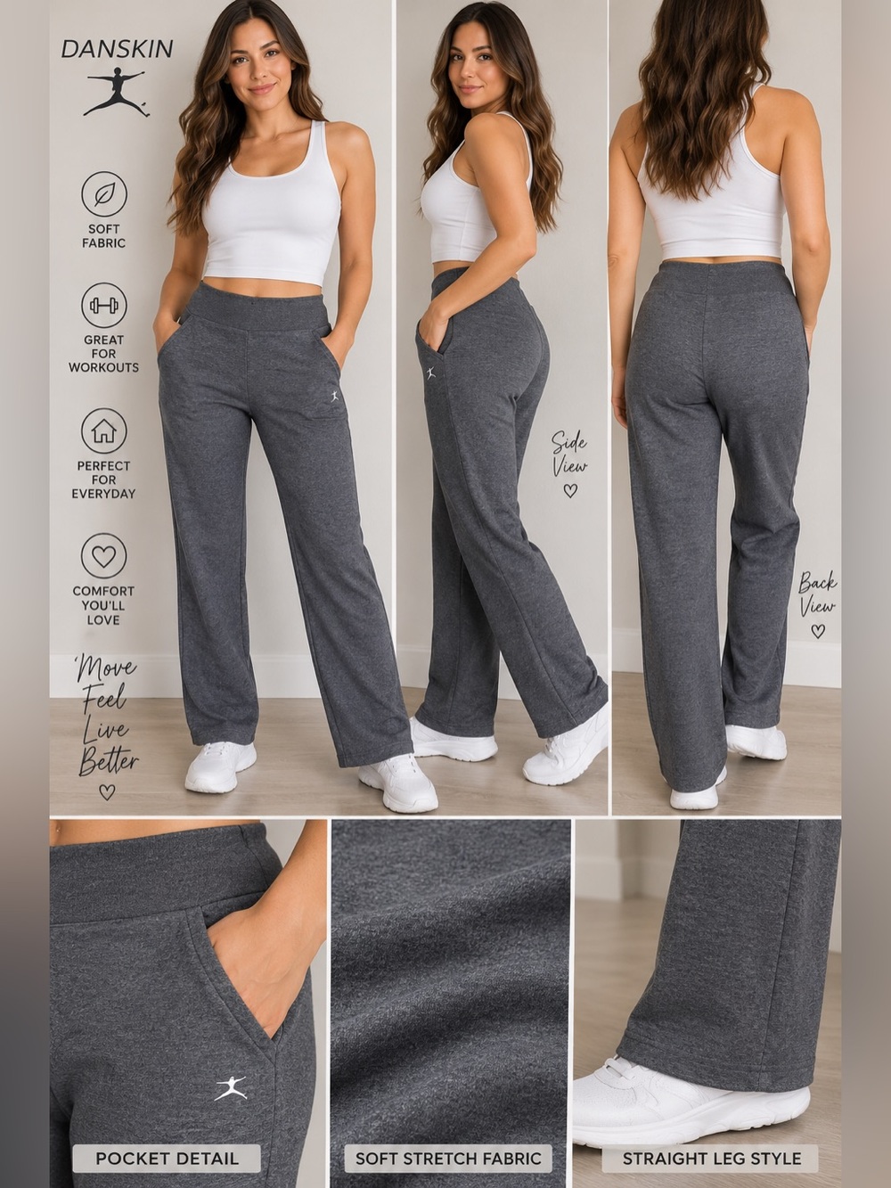 Danskin Women’s Gray Straight Leg Yoga Active Pants Size M 8-10